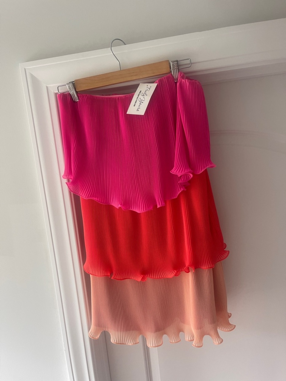 Pleated Strapless Tiered Dress - Pink and Orange